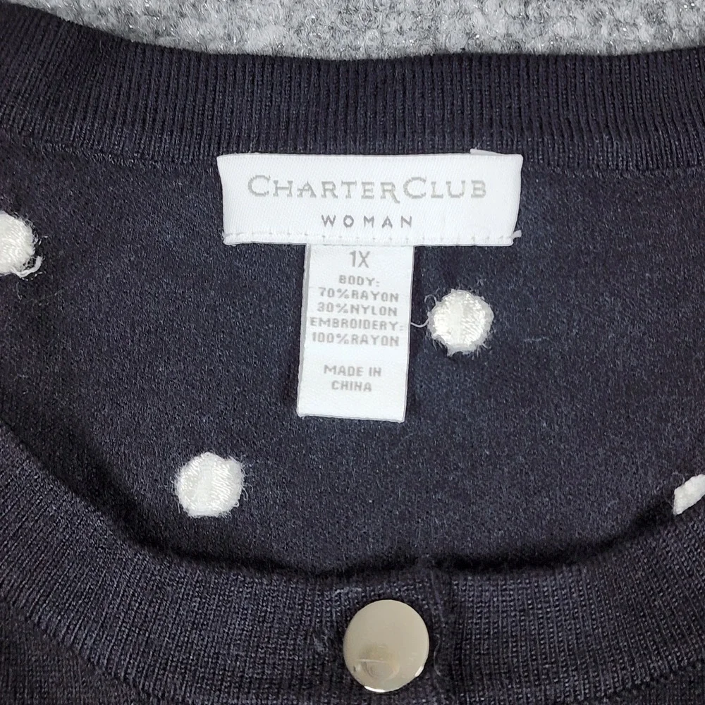 Charter Club Woman Black Polka Dot‎ Cardigan Sweater 1X Embroidered Button Front